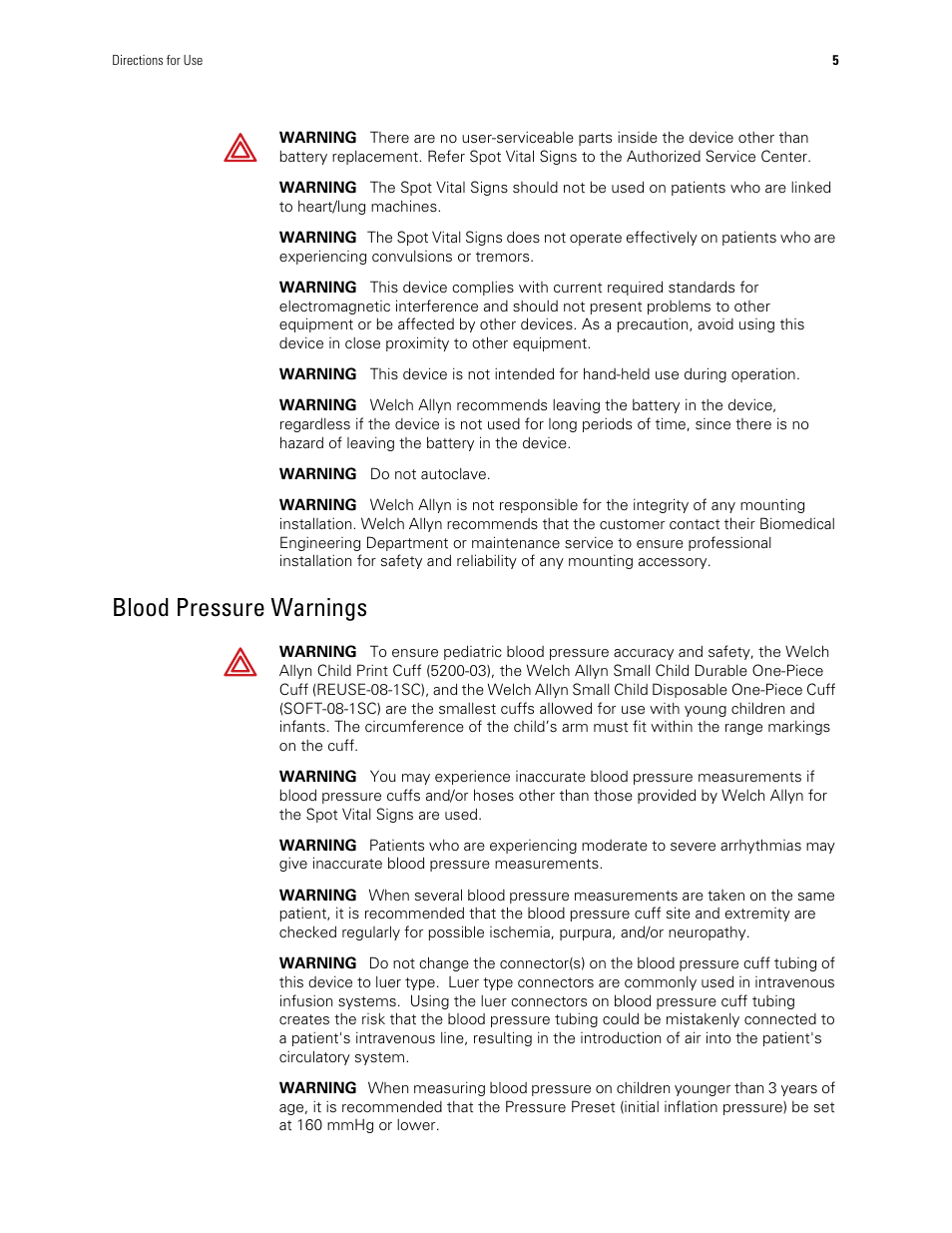 Blood pressure warnings | Welch Allyn Spot Vital Signs - User Manual User Manual | Page 13 / 74