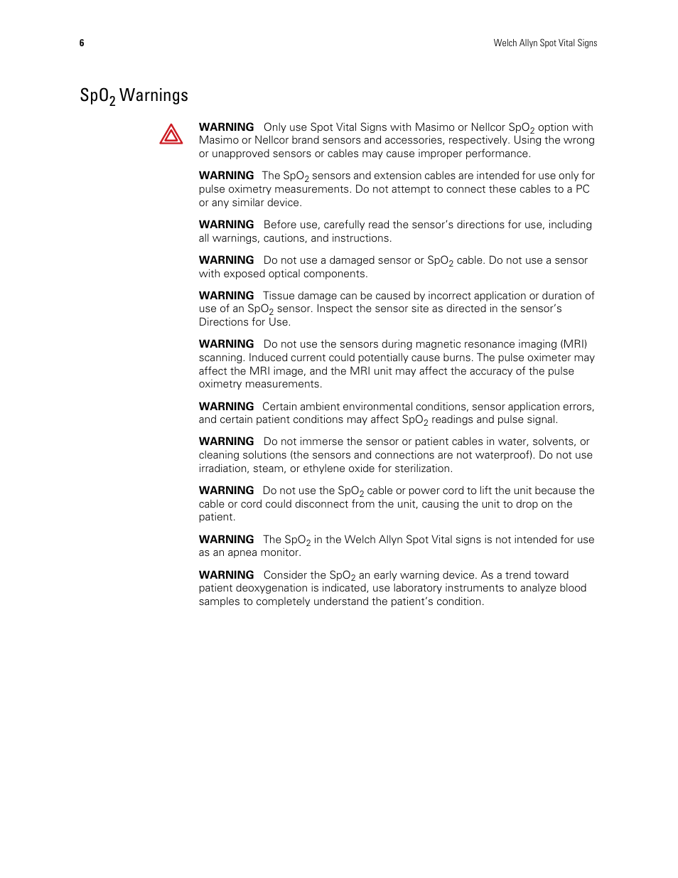 Spo2 warnings, Warnings | Welch Allyn Spot Vital Signs - User Manual User Manual | Page 14 / 74