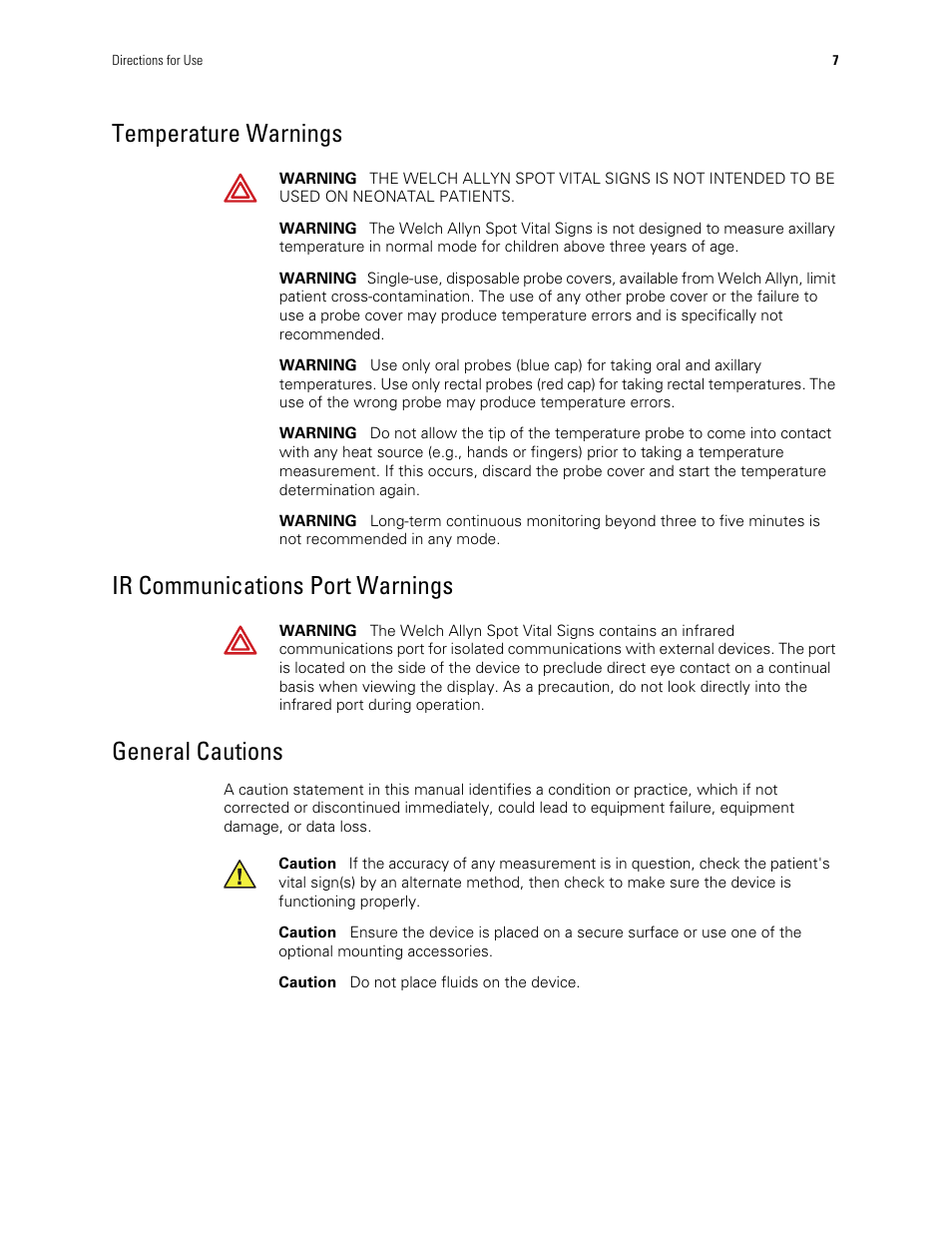 Temperature warnings, Ir communications port warnings, General cautions | Welch Allyn Spot Vital Signs - User Manual User Manual | Page 15 / 74