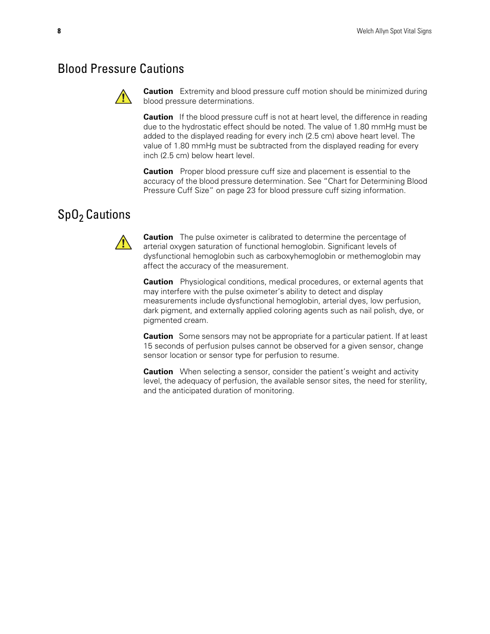 Blood pressure cautions, Spo2 cautions, Blood pressure cautions spo | Cautions | Welch Allyn Spot Vital Signs - User Manual User Manual | Page 16 / 74