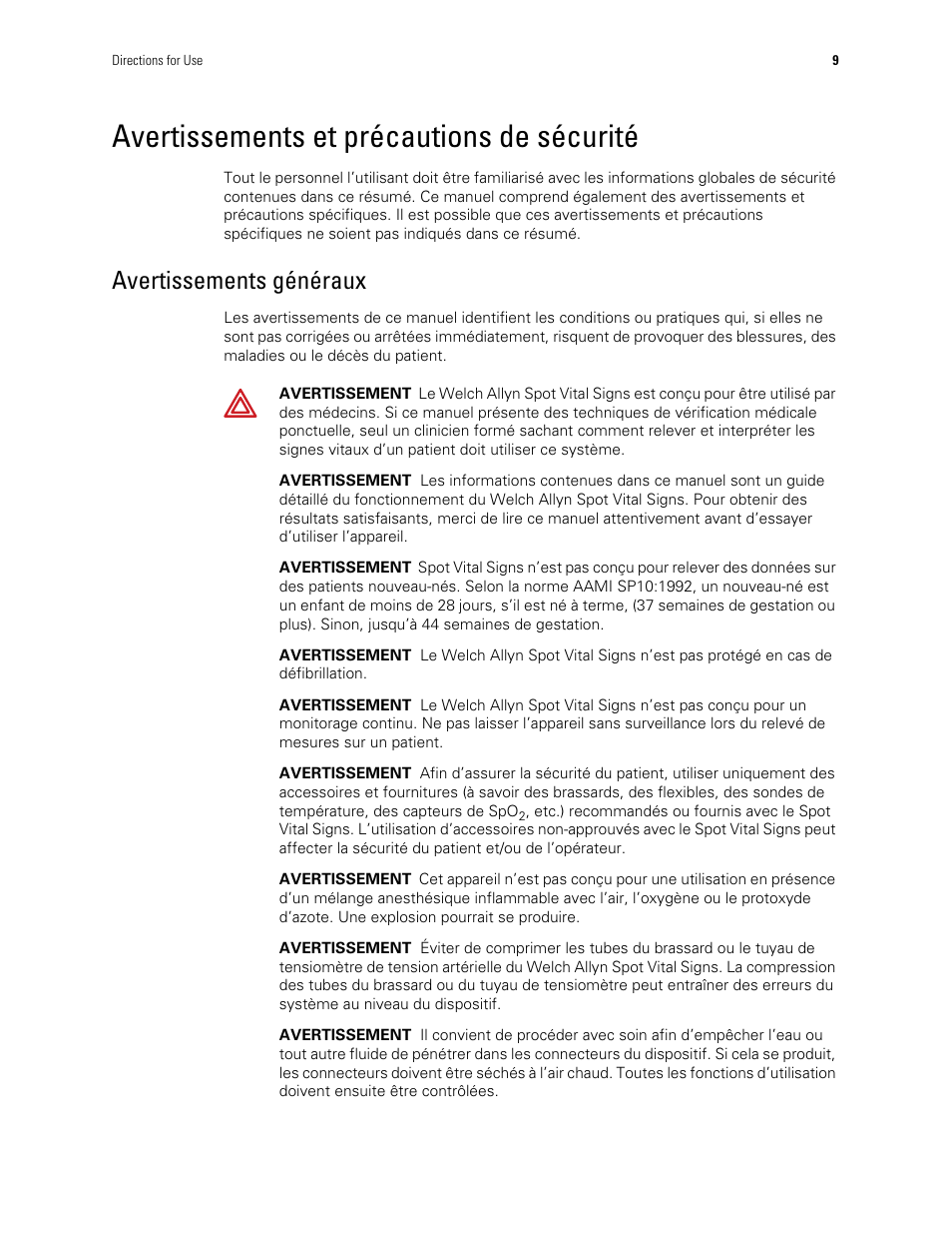 Avertissements et précautions de sécurité, Avertissements généraux | Welch Allyn Spot Vital Signs - User Manual User Manual | Page 17 / 74