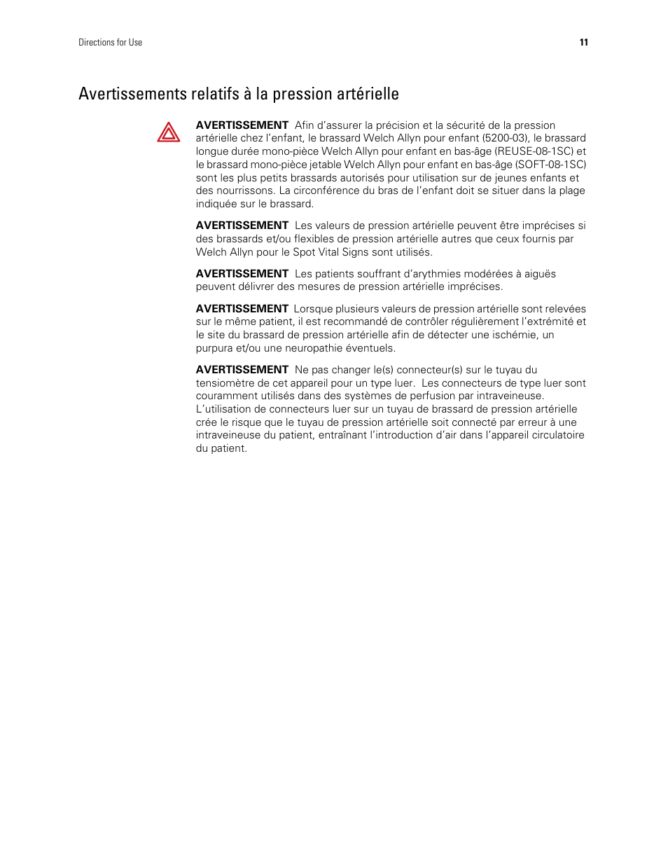 Avertissements relatifs à la pression artérielle | Welch Allyn Spot Vital Signs - User Manual User Manual | Page 19 / 74