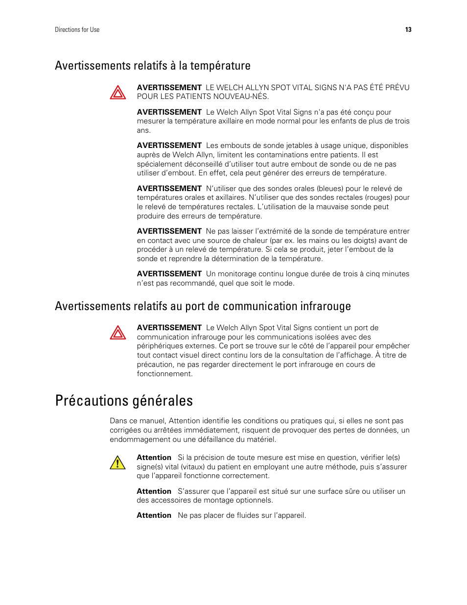 Avertissements relatifs à la température, Précautions générales | Welch Allyn Spot Vital Signs - User Manual User Manual | Page 21 / 74