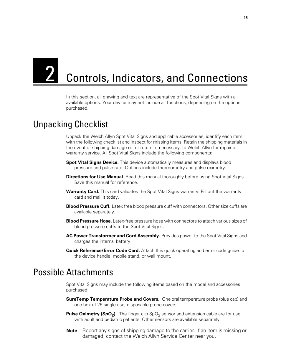 Controls, indicators, and connections, Unpacking checklist, Possible attachments | 2 - controls, indicators, and connections, Unpacking checklist possible attachments | Welch Allyn Spot Vital Signs - User Manual User Manual | Page 23 / 74