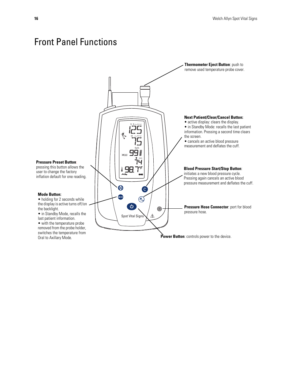 Front panel functions | Welch Allyn Spot Vital Signs - User Manual User Manual | Page 24 / 74