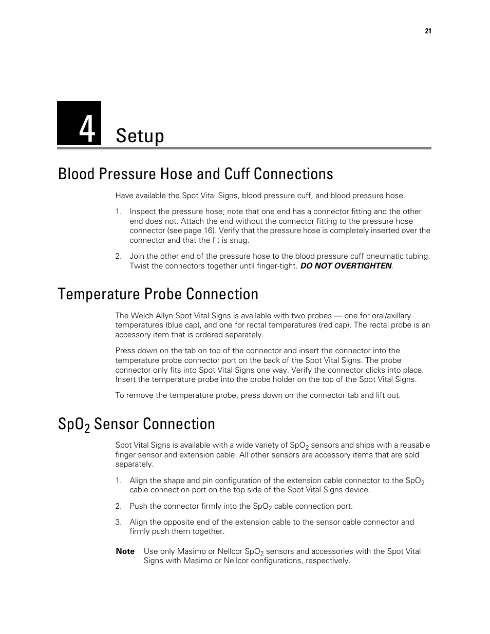 Setup, Blood pressure hose and cuff connections, Temperature probe connection | Spo2 sensor connection, 4 - setup, Sensor connection | Welch Allyn Spot Vital Signs - User Manual User Manual | Page 29 / 74