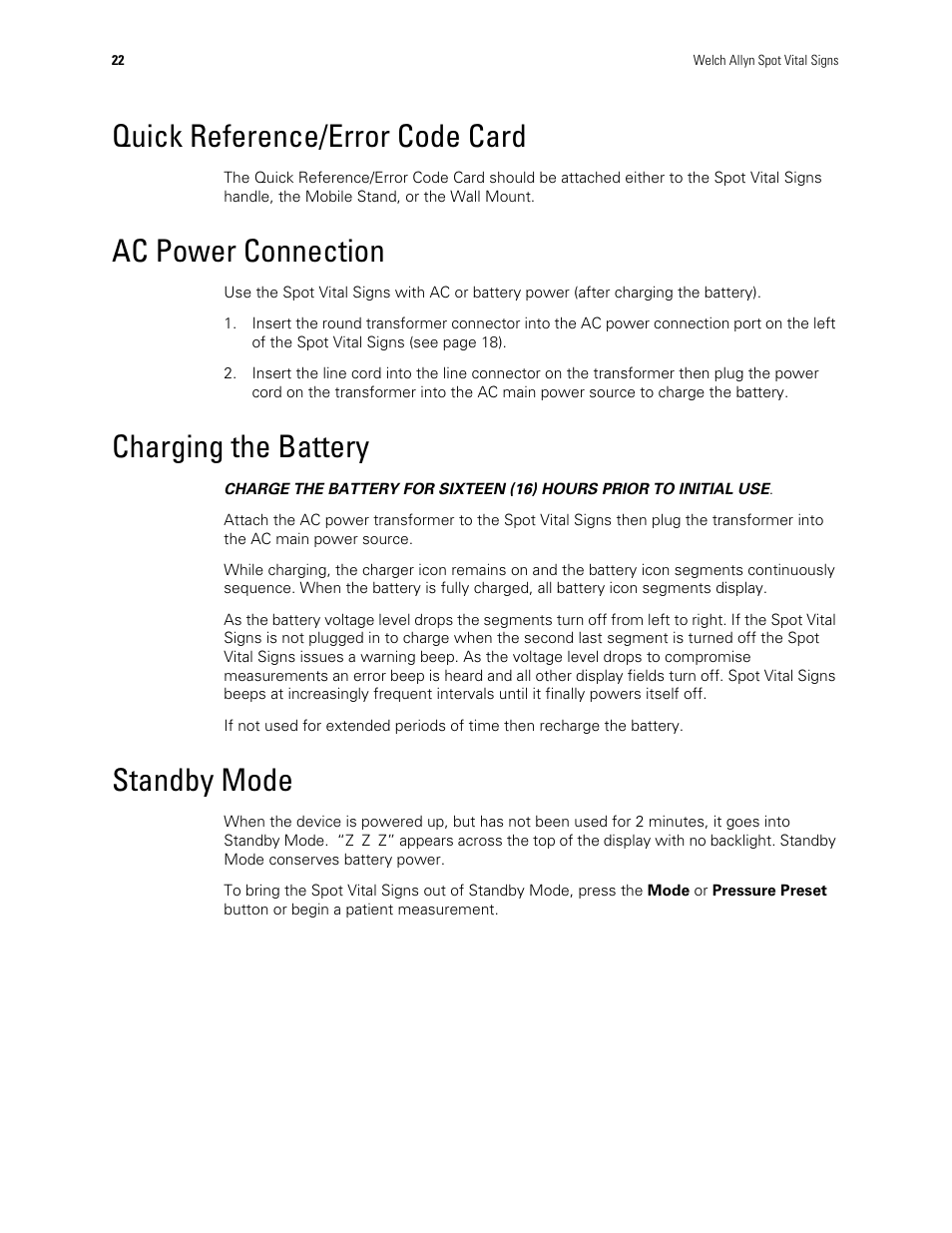 Quick reference/error code card, Ac power connection, Charging the battery | Standby mode | Welch Allyn Spot Vital Signs - User Manual User Manual | Page 30 / 74