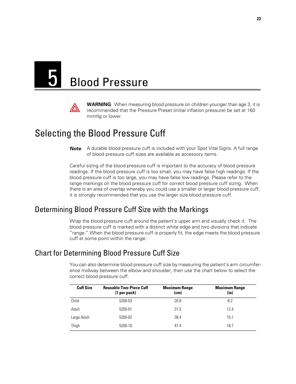 Blood pressure, Selecting the blood pressure cuff, Chart for determining blood pressure cuff size | 5 - blood pressure | Welch Allyn Spot Vital Signs - User Manual User Manual | Page 31 / 74