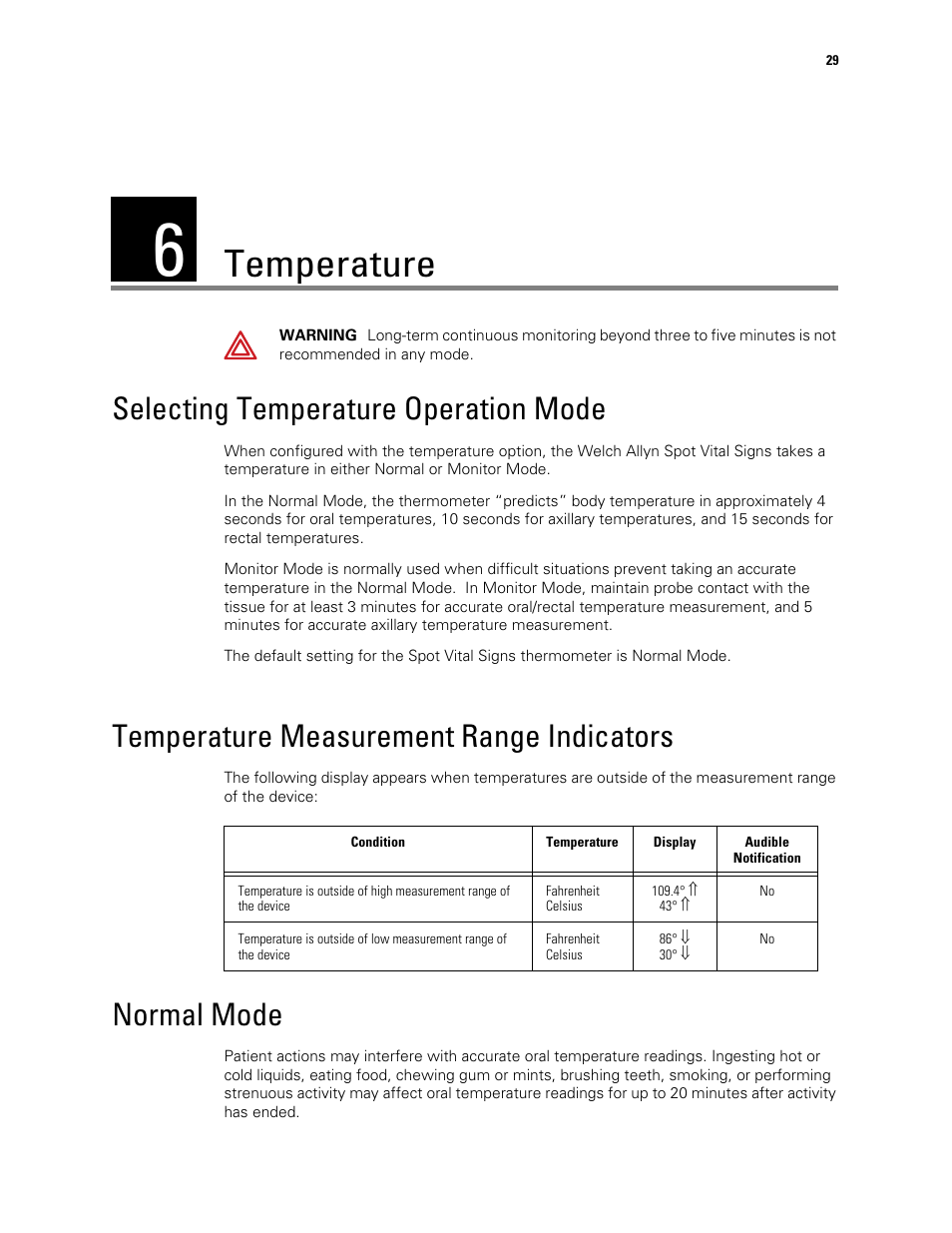 Temperature, Selecting temperature operation mode, Temperature measurement range indicators | Normal mode, 6 - temperature | Welch Allyn Spot Vital Signs - User Manual User Manual | Page 37 / 74