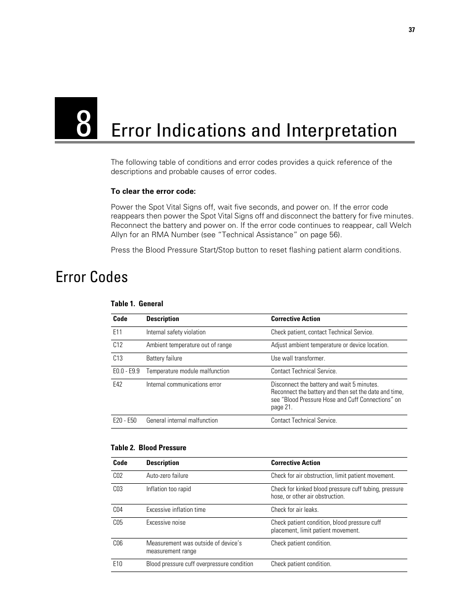 Error indications and interpretation, Error codes, 8 - error indications and interpretation | Welch Allyn Spot Vital Signs - User Manual User Manual | Page 45 / 74
