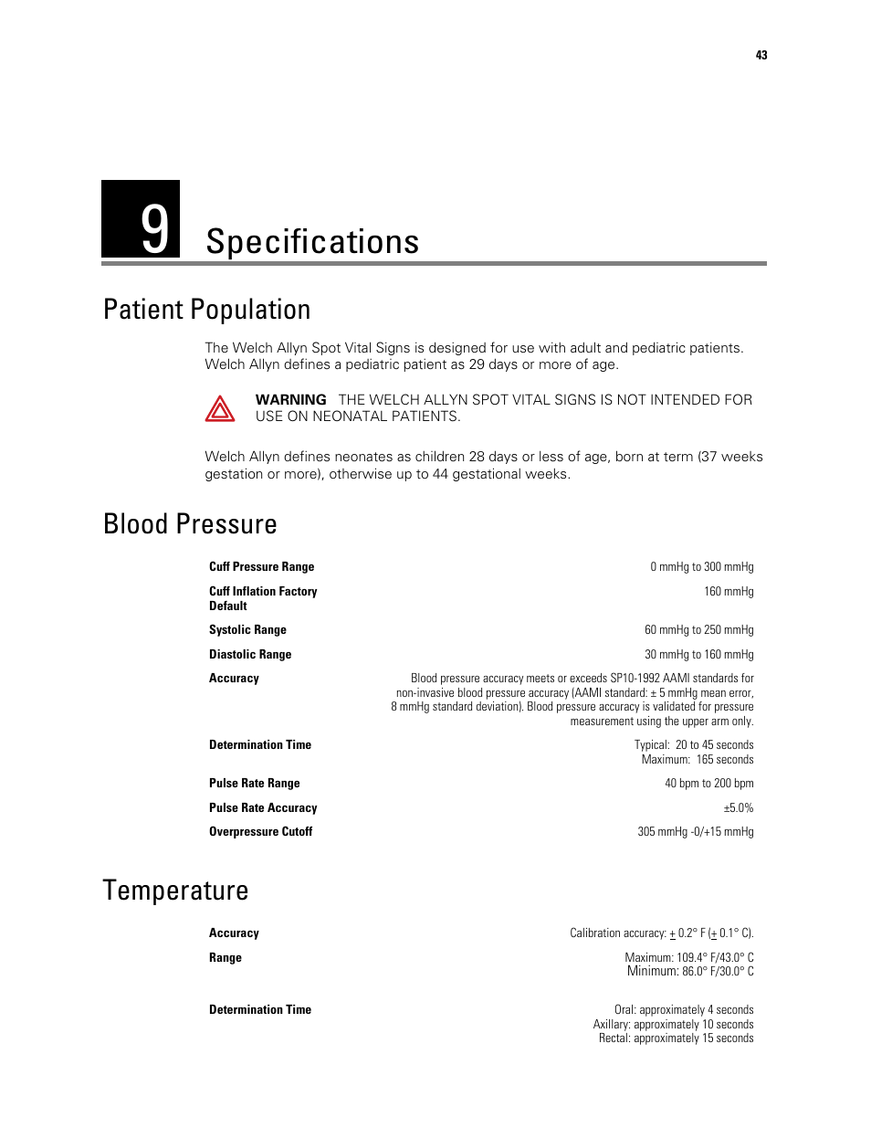 Specifications, Patient population, Blood pressure | Temperature, 9 - specifications, Patient population blood pressure temperature, Blood pressure temperature | Welch Allyn Spot Vital Signs - User Manual User Manual | Page 51 / 74