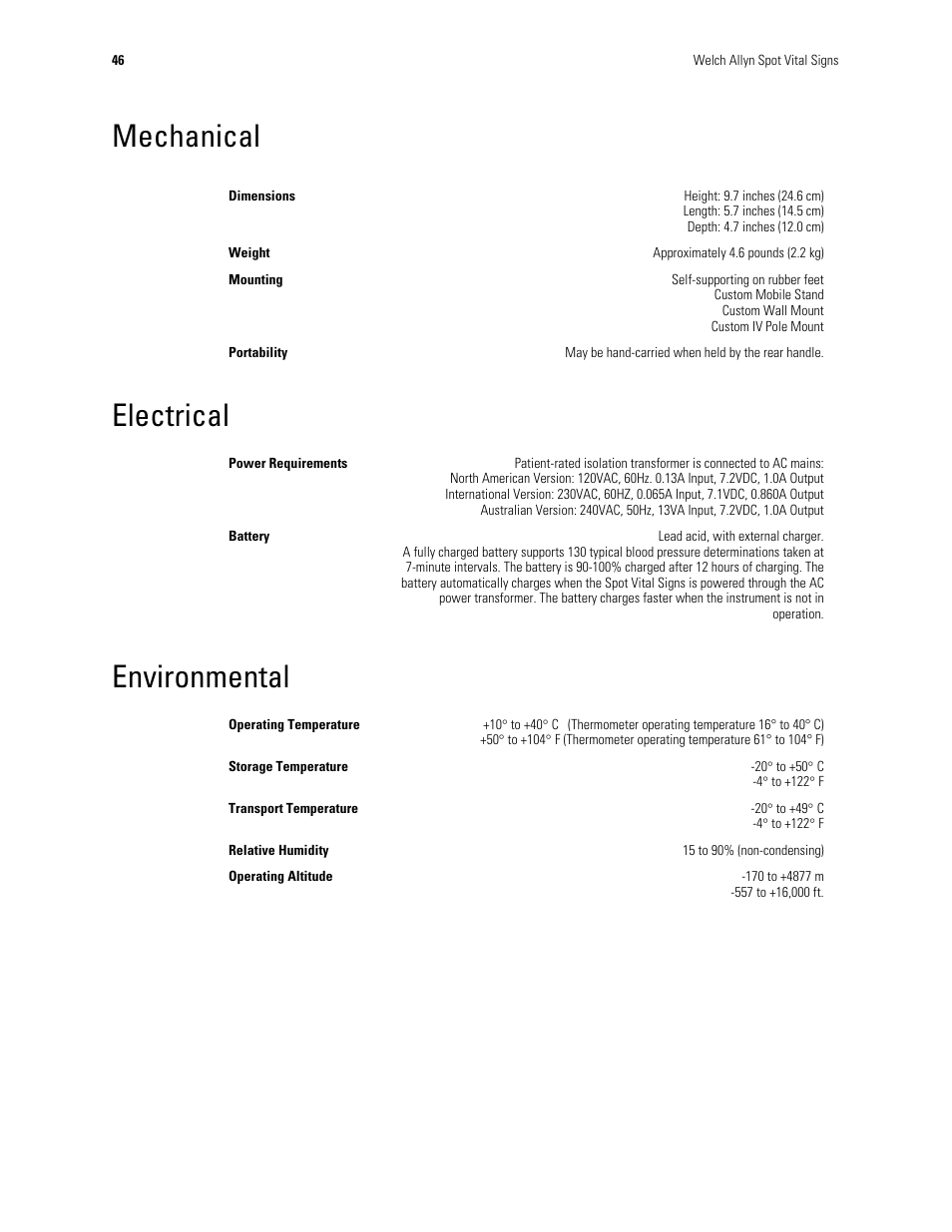 Mechanical, Electrical, Environmental | Mechanical electrical environmental | Welch Allyn Spot Vital Signs - User Manual User Manual | Page 54 / 74