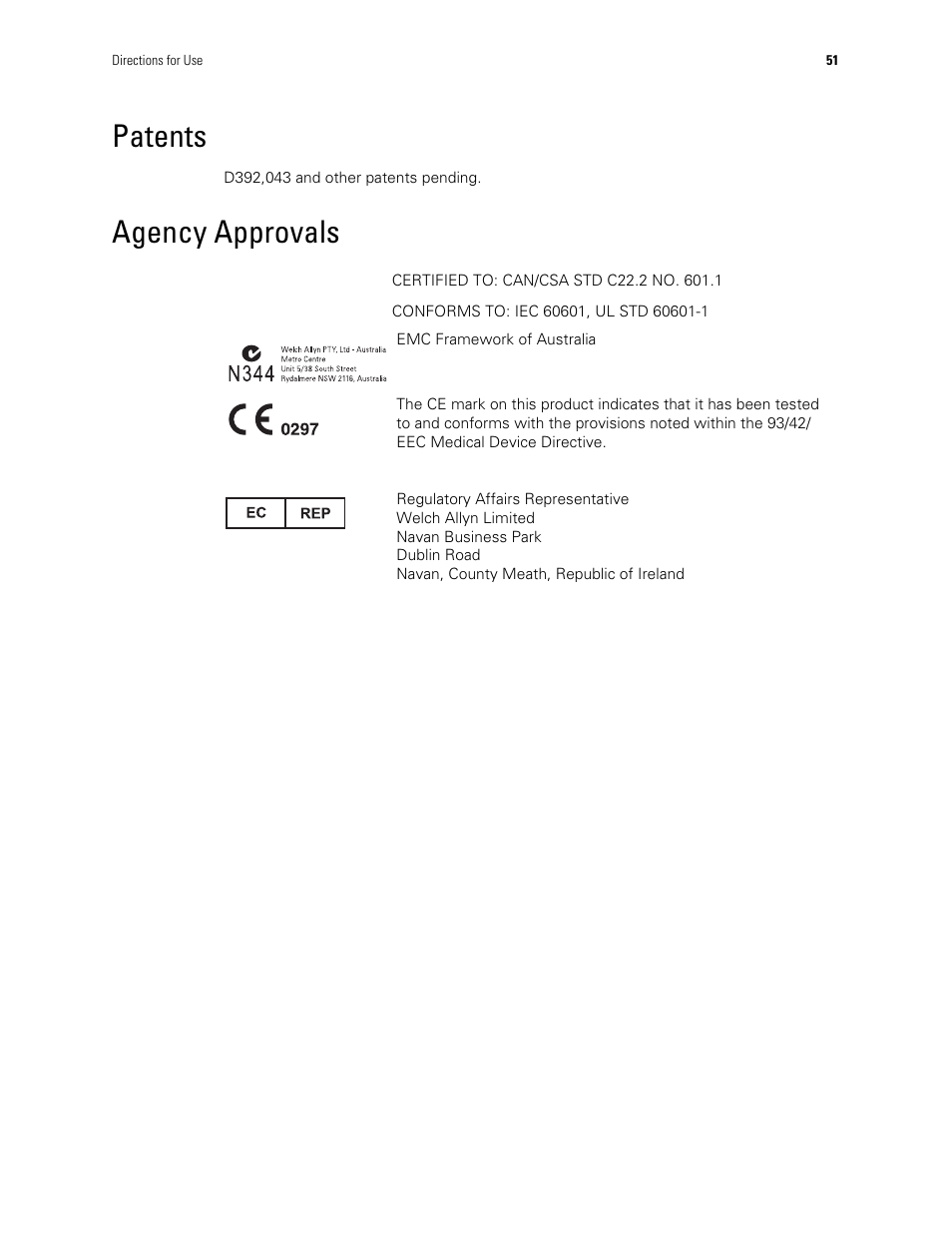 Patents, Agency approvals, Patents agency approvals | Welch Allyn Spot Vital Signs - User Manual User Manual | Page 59 / 74