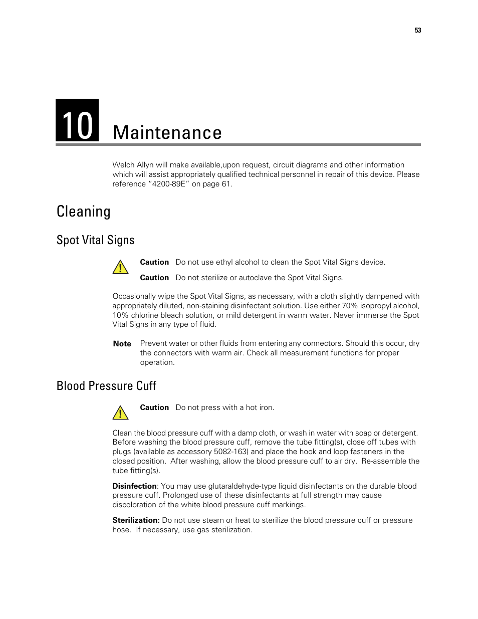 Maintenance, Cleaning, Spot vital signs | Blood pressure cuff, 10 - maintenance | Welch Allyn Spot Vital Signs - User Manual User Manual | Page 61 / 74