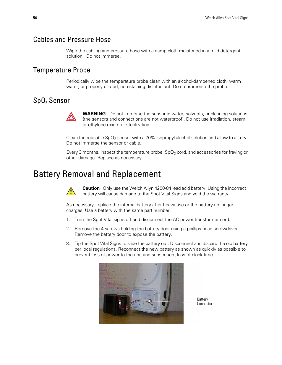 Cables and pressure hose, Temperature probe, Spo2 sensor | Battery removal and replacement, Sensor | Welch Allyn Spot Vital Signs - User Manual User Manual | Page 62 / 74