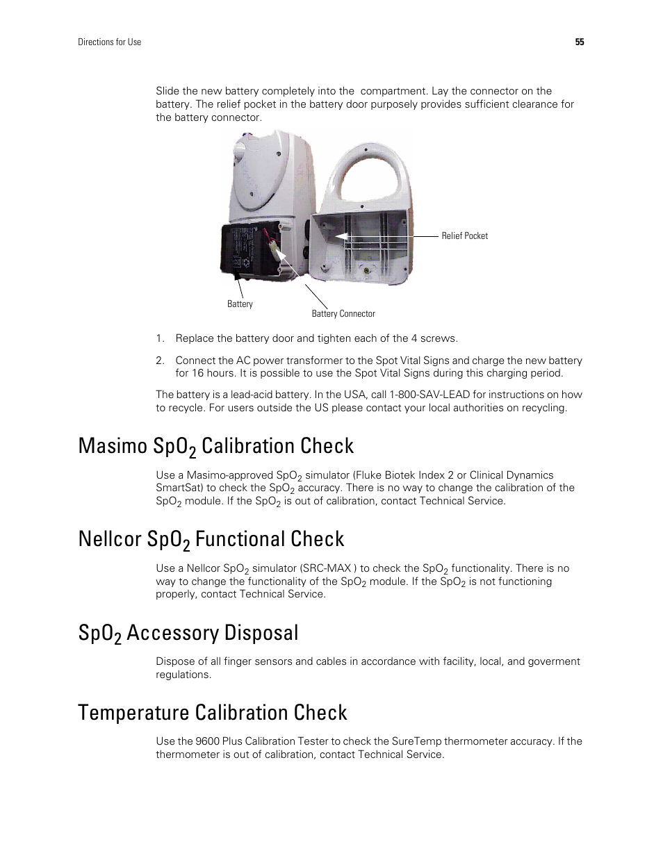 Masimo spo2 calibration check, Nellcor spo2 functional check, Spo2 accessory disposal | Temperature calibration check, Masimo spo, Nellcor spo, Calibration check, Functional check, Accessory disposal | Welch Allyn Spot Vital Signs - User Manual User Manual | Page 63 / 74