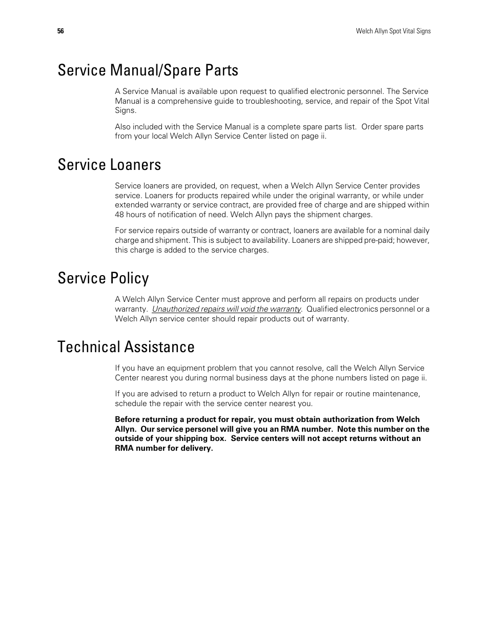 Service manual/spare parts, Service loaners, Service policy | Technical assistance | Welch Allyn Spot Vital Signs - User Manual User Manual | Page 64 / 74