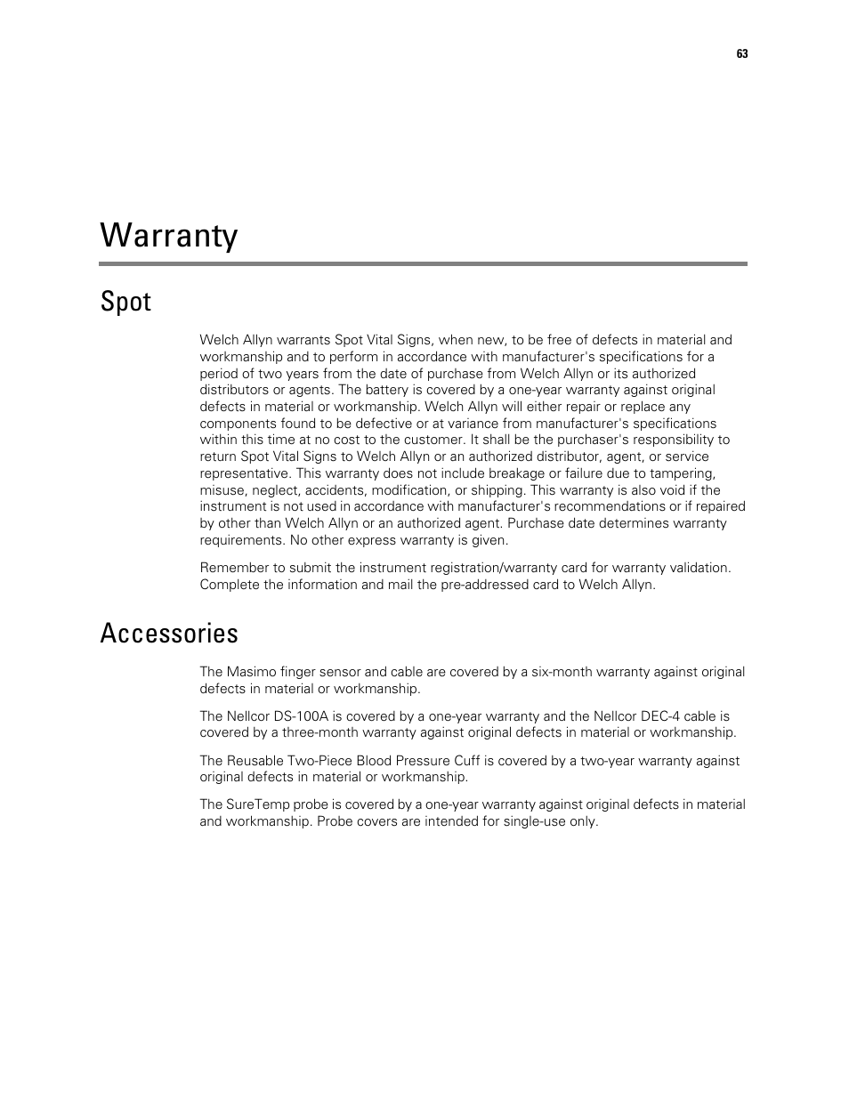 Warranty, Spot, Accessories | Spot accessories | Welch Allyn Spot Vital Signs - User Manual User Manual | Page 71 / 74