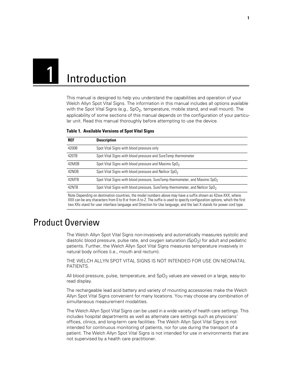 Introduction, Product overview, 1 - introduction | Welch Allyn Spot Vital Signs - User Manual User Manual | Page 9 / 74