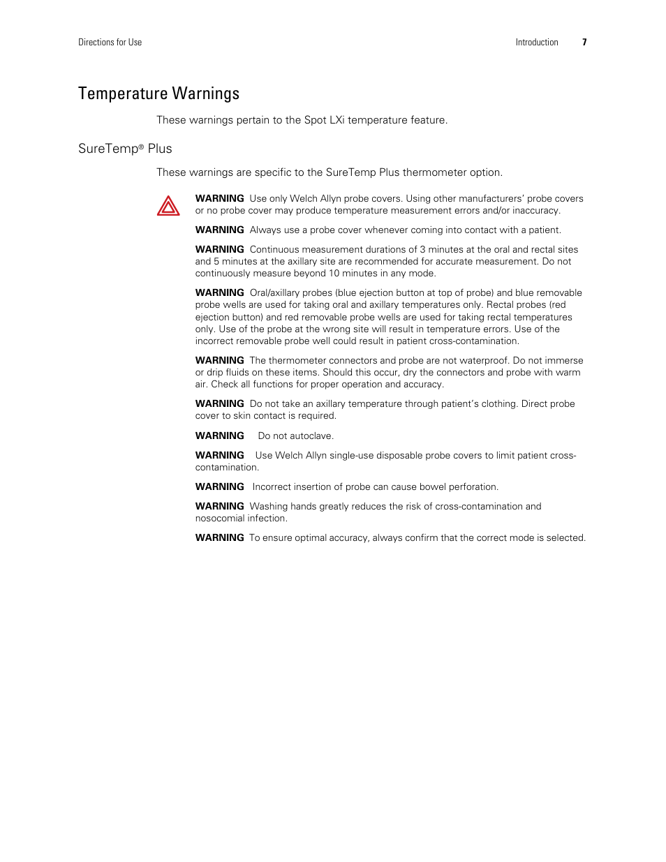 Temperature warnings | Welch Allyn Spot Vital Signs LXi - User Manual User Manual | Page 17 / 86