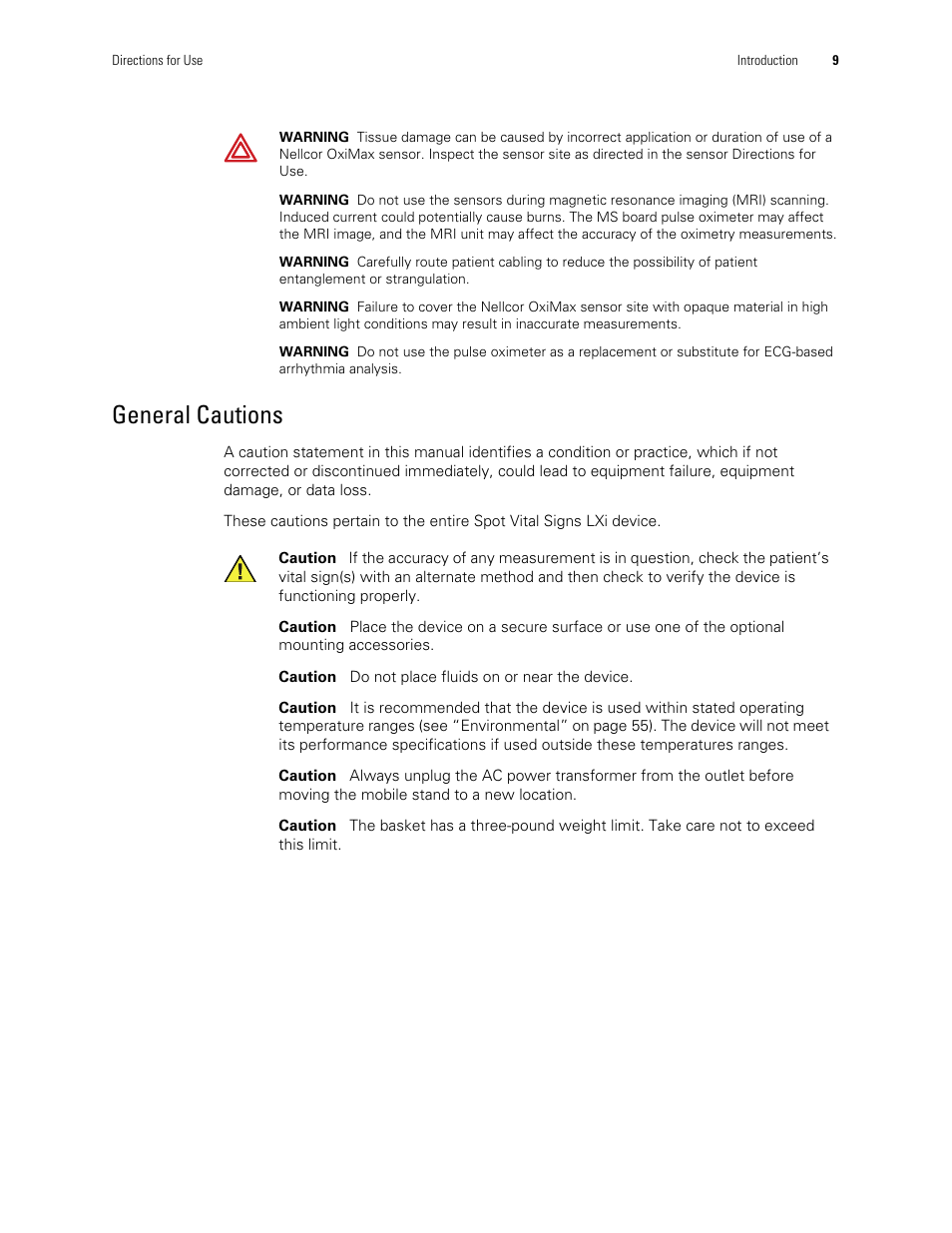 General cautions | Welch Allyn Spot Vital Signs LXi - User Manual User Manual | Page 19 / 86