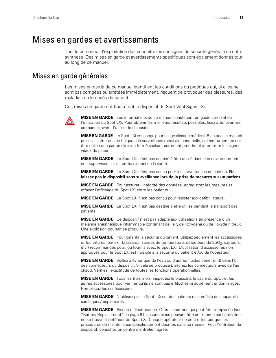 Mises en gardes et avertissements, Mises en garde générales | Welch Allyn Spot Vital Signs LXi - User Manual User Manual | Page 21 / 86