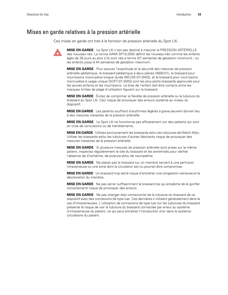 Mises en garde relatives à la pression artérielle | Welch Allyn Spot Vital Signs LXi - User Manual User Manual | Page 23 / 86