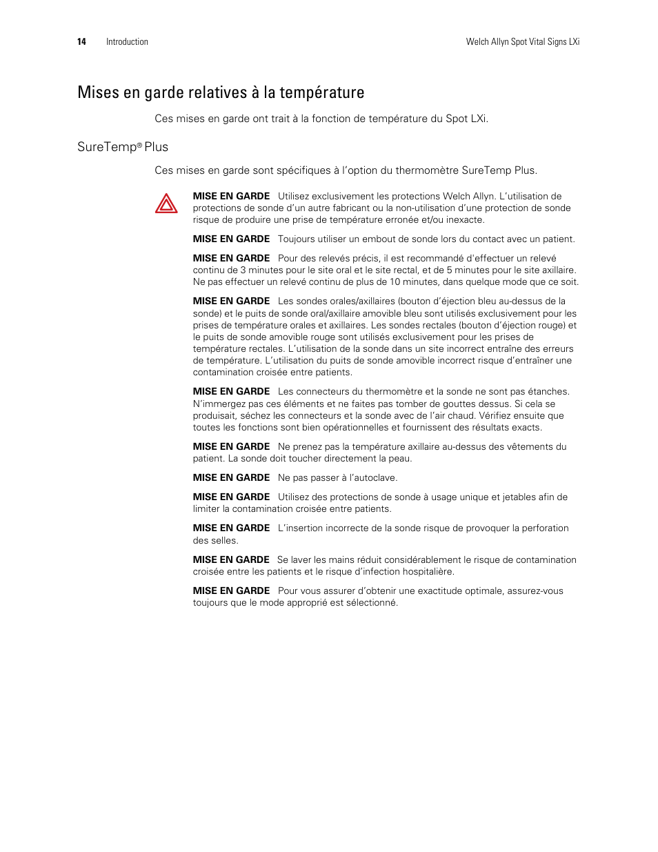 Mises en garde relatives à la température | Welch Allyn Spot Vital Signs LXi - User Manual User Manual | Page 24 / 86