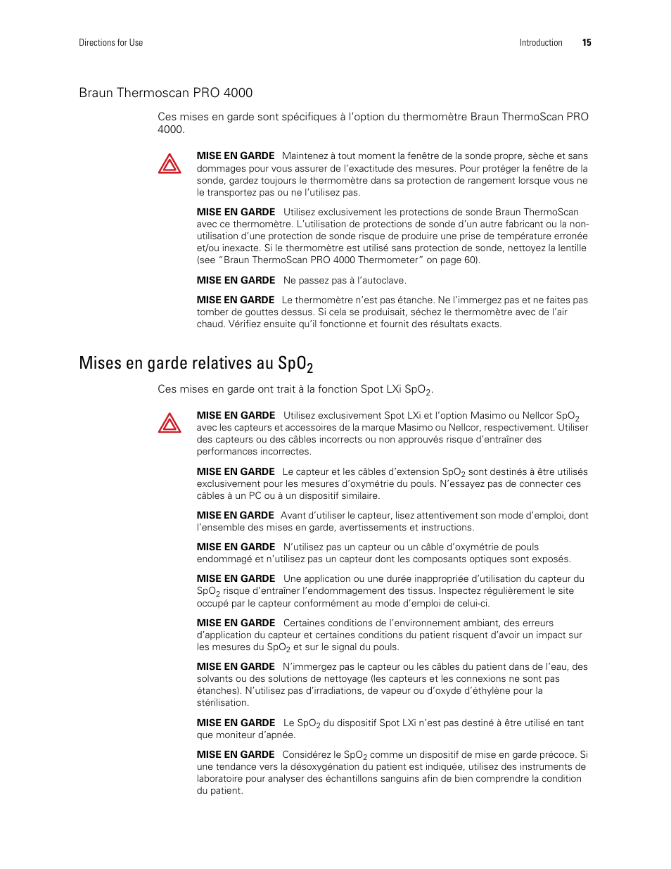 Mises en garde relatives au spo2, Mises en garde relatives au spo, Braun thermoscan pro 4000 | Welch Allyn Spot Vital Signs LXi - User Manual User Manual | Page 25 / 86