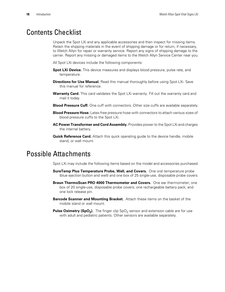 Contents checklist, Possible attachments, Contents checklist possible attachments | Welch Allyn Spot Vital Signs LXi - User Manual User Manual | Page 28 / 86