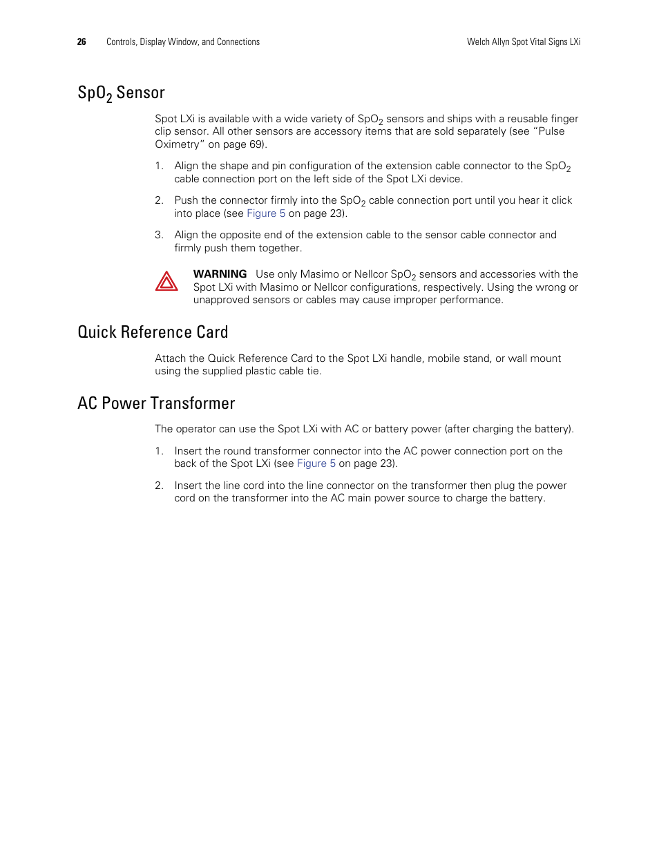 Spo2 sensor, Quick reference card, Ac power transformer | Quick reference card ac power transformer, Sensor | Welch Allyn Spot Vital Signs LXi - User Manual User Manual | Page 36 / 86