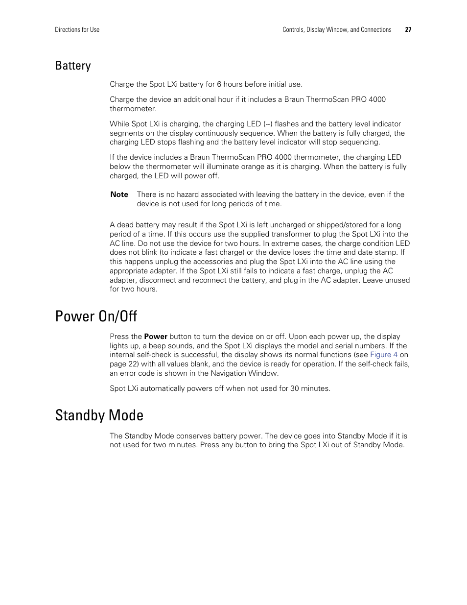 Battery, Power on/off, Standby mode | Power on/off standby mode | Welch Allyn Spot Vital Signs LXi - User Manual User Manual | Page 37 / 86