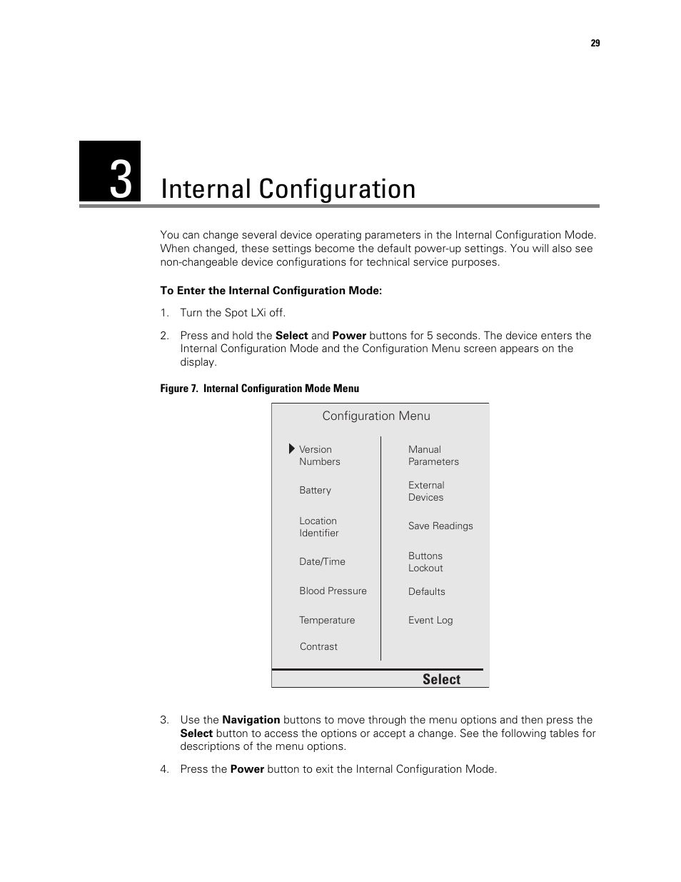 Internal configuration, 3 - internal configuration | Welch Allyn Spot Vital Signs LXi - User Manual User Manual | Page 39 / 86