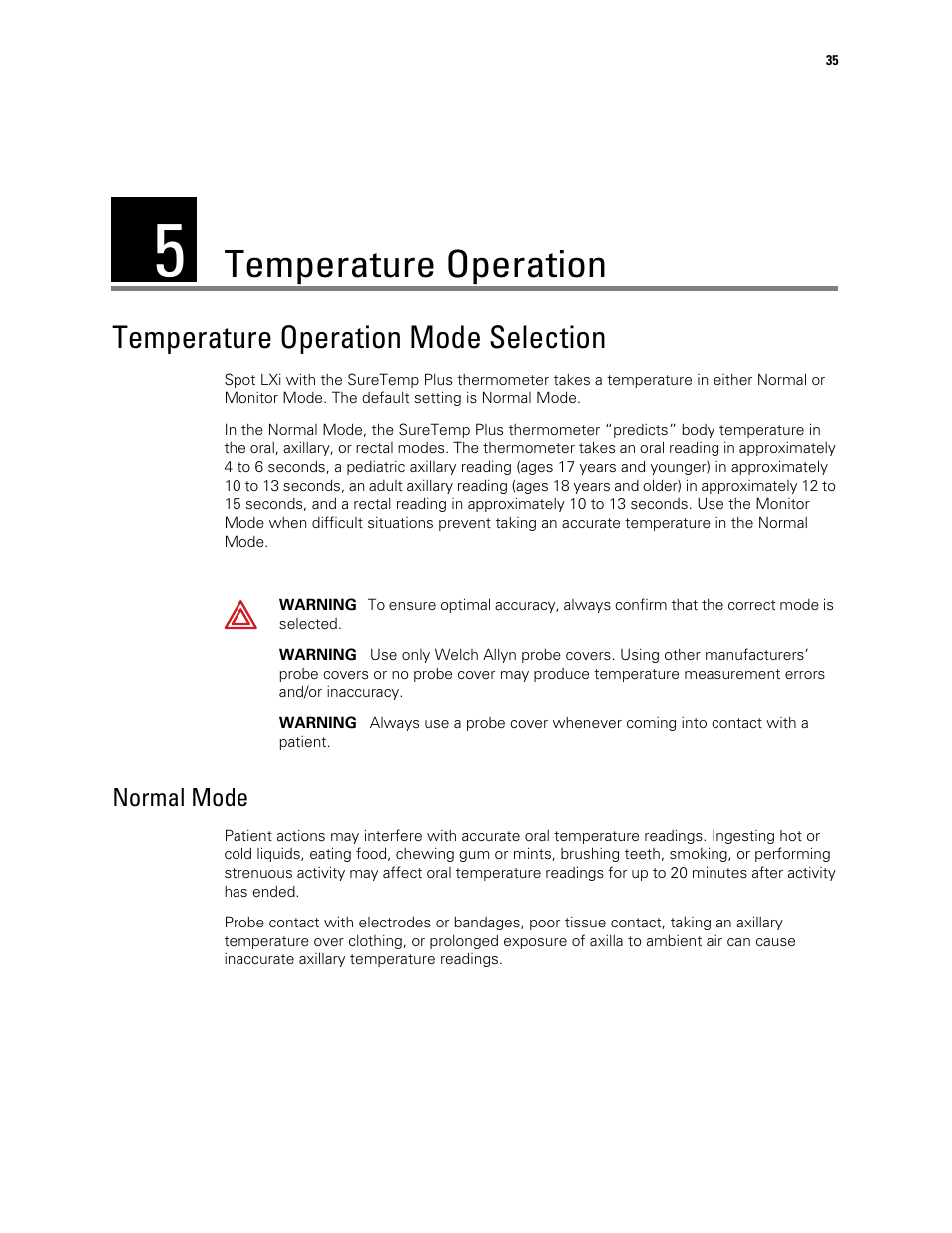 Temperature operation, Temperature operation mode selection, Normal mode | 5 - temperature operation | Welch Allyn Spot Vital Signs LXi - User Manual User Manual | Page 45 / 86