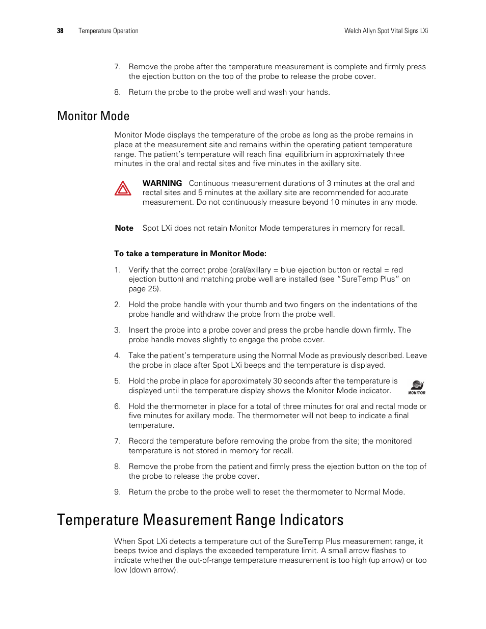 Monitor mode, Temperature measurement range indicators | Welch Allyn Spot Vital Signs LXi - User Manual User Manual | Page 48 / 86