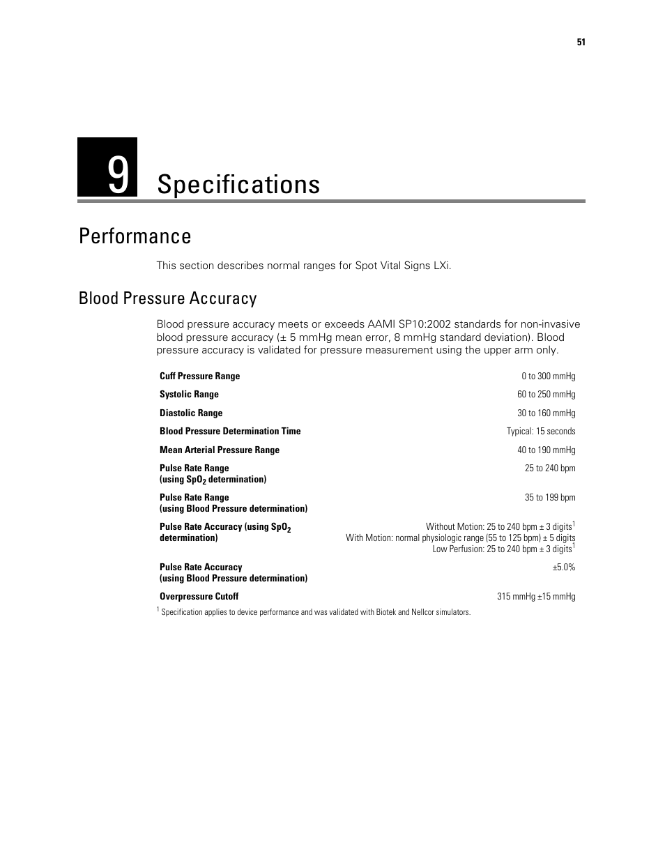Specifications, Performance, Blood pressure accuracy | 9 - specifications | Welch Allyn Spot Vital Signs LXi - User Manual User Manual | Page 61 / 86