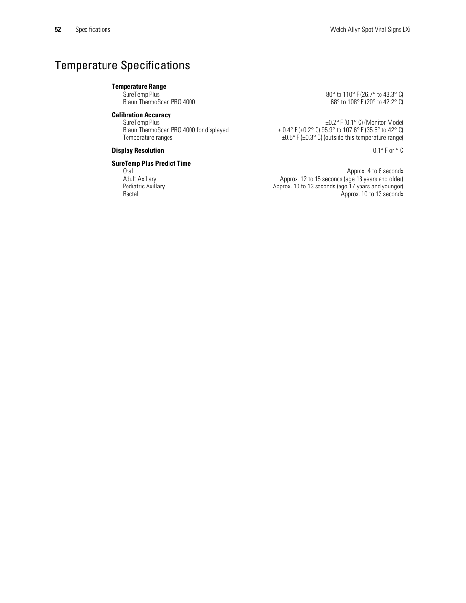 Temperature specifications | Welch Allyn Spot Vital Signs LXi - User Manual User Manual | Page 62 / 86