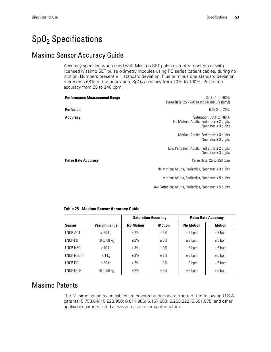 Spo2 specifications, Masimo sensor accuracy guide, Masimo patents | Masimo sensor accuracy guide masimo patents, Specifications | Welch Allyn Spot Vital Signs LXi - User Manual User Manual | Page 63 / 86