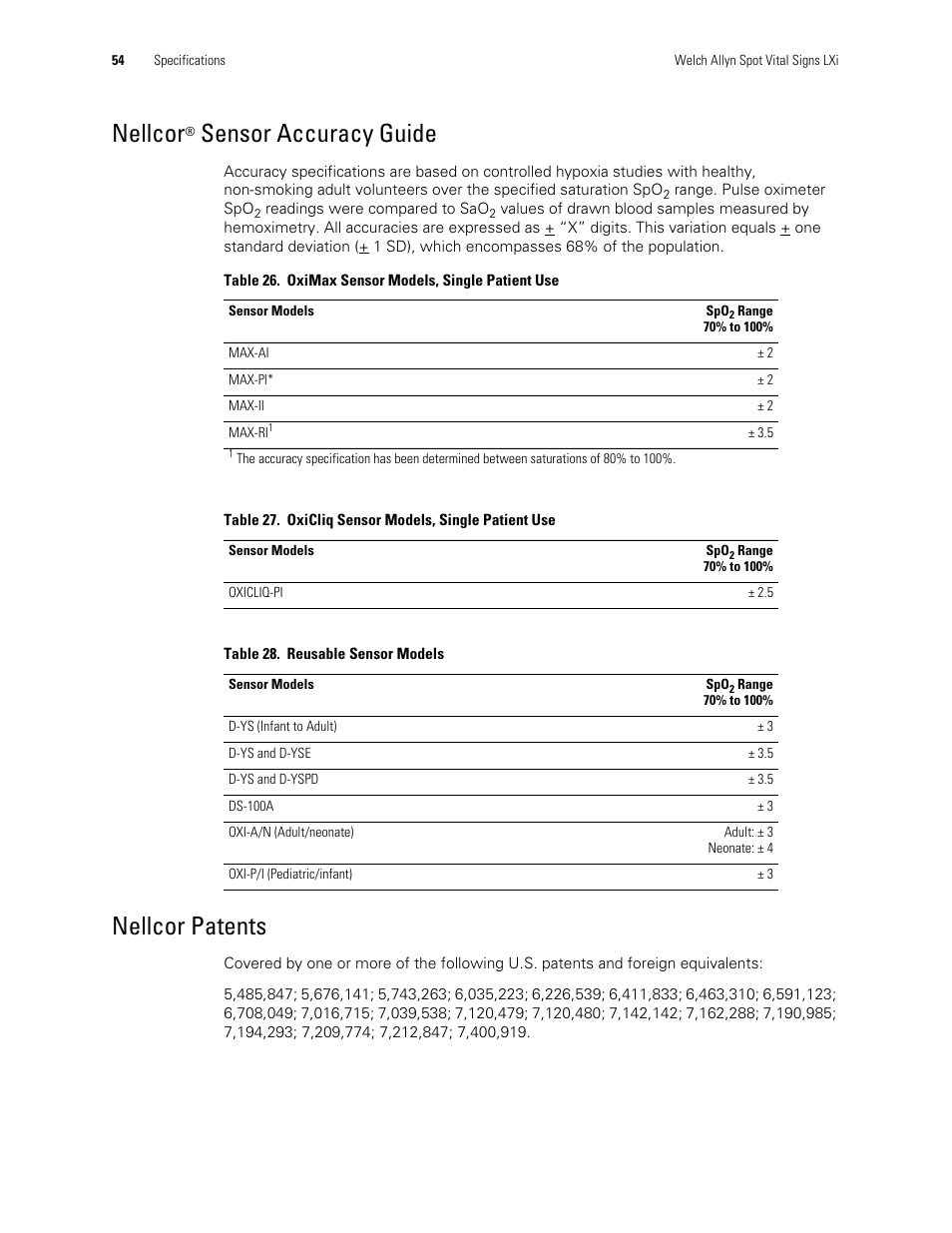 Nellcor® sensor accuracy guide, Nellcor patents, Nellcor | Sensor accuracy guide | Welch Allyn Spot Vital Signs LXi - User Manual User Manual | Page 64 / 86
