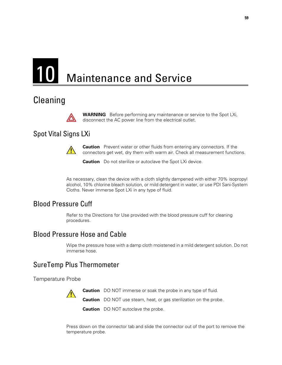 Maintenance and service, Cleaning, Spot vital signs lxi | Blood pressure cuff, Blood pressure hose and cable, Suretemp plus thermometer, 10 - maintenance and service | Welch Allyn Spot Vital Signs LXi - User Manual User Manual | Page 69 / 86