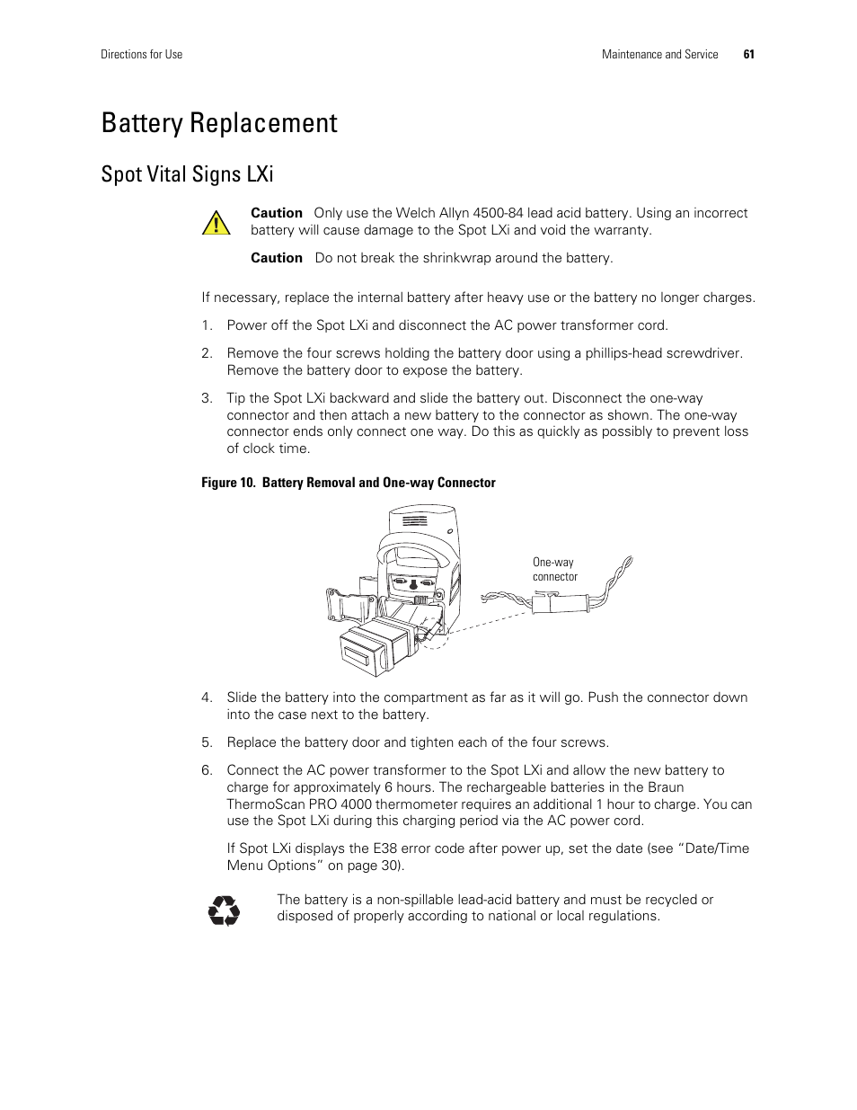 Battery replacement, Spot vital signs lxi | Welch Allyn Spot Vital Signs LXi - User Manual User Manual | Page 71 / 86