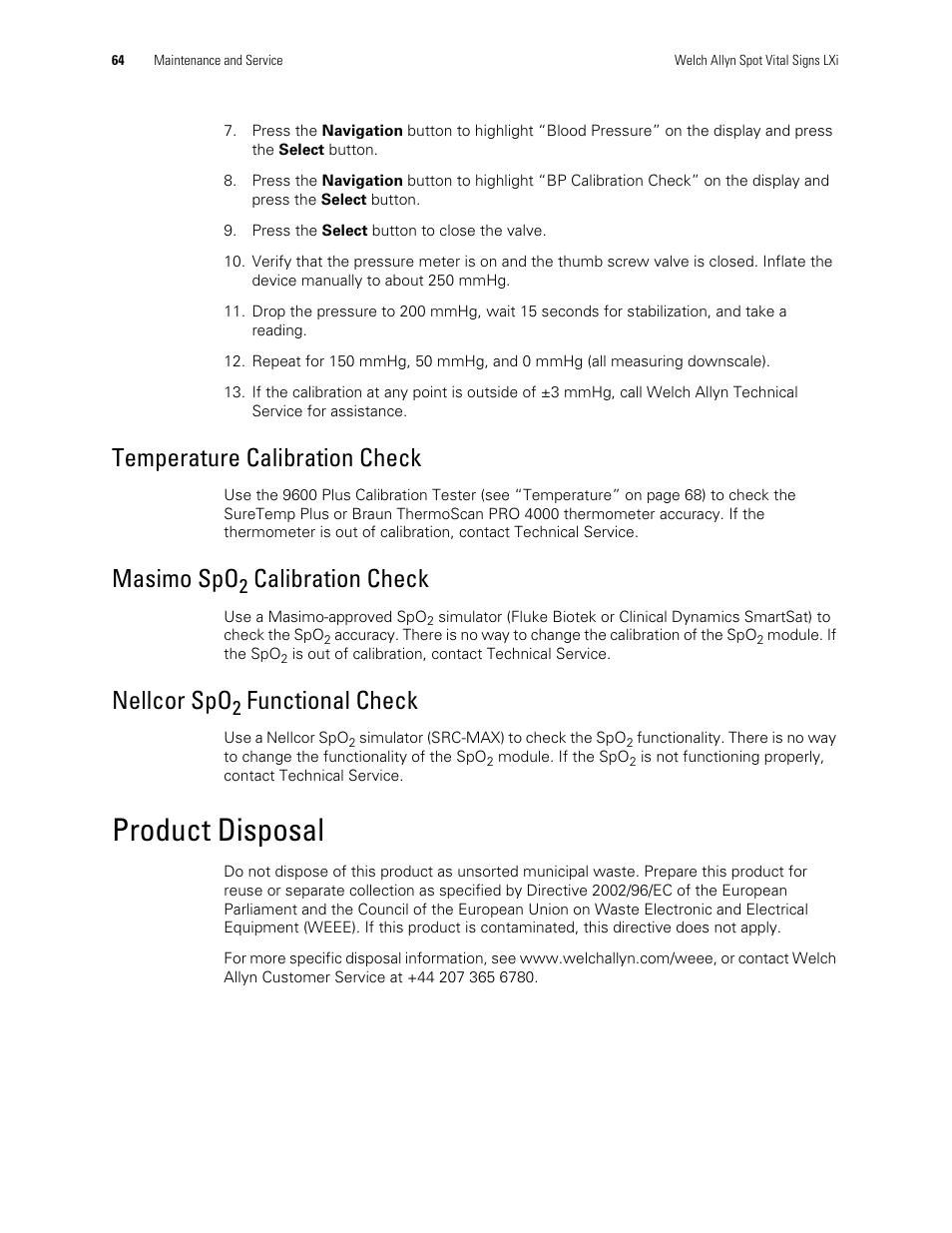 Temperature calibration check, Masimo spo2 calibration check, Nellcor spo2 functional check | Product disposal, Temperature calibration check masimo spo, Nellcor spo, Masimo spo, Calibration check, Functional check | Welch Allyn Spot Vital Signs LXi - User Manual User Manual | Page 74 / 86