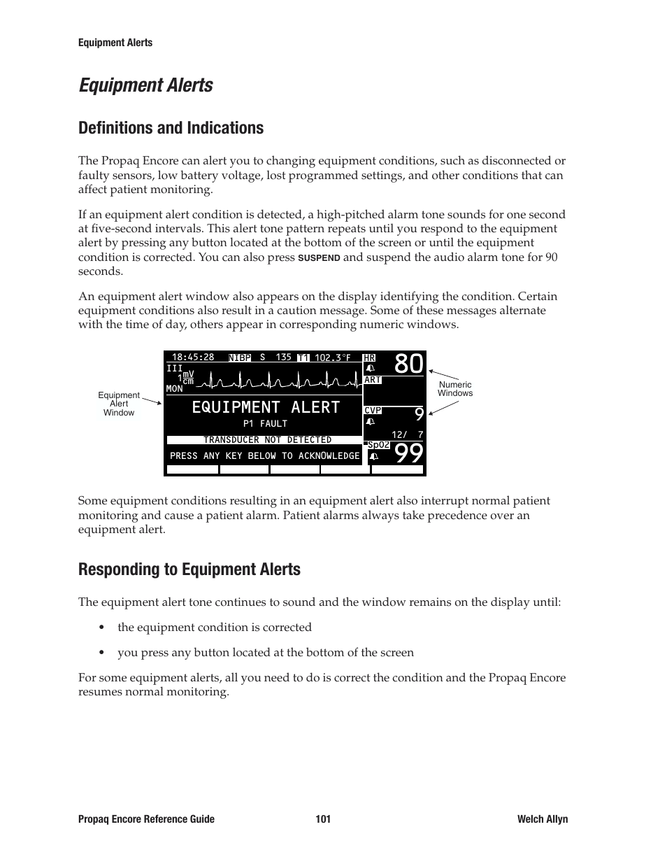 Equipment alerts, Definitions and indications, Responding to equipment alerts | 9equipment alert | Welch Allyn 20хEL Propaq Encore Vital Signs Monitor - Reference Guide User Manual | Page 101 / 178