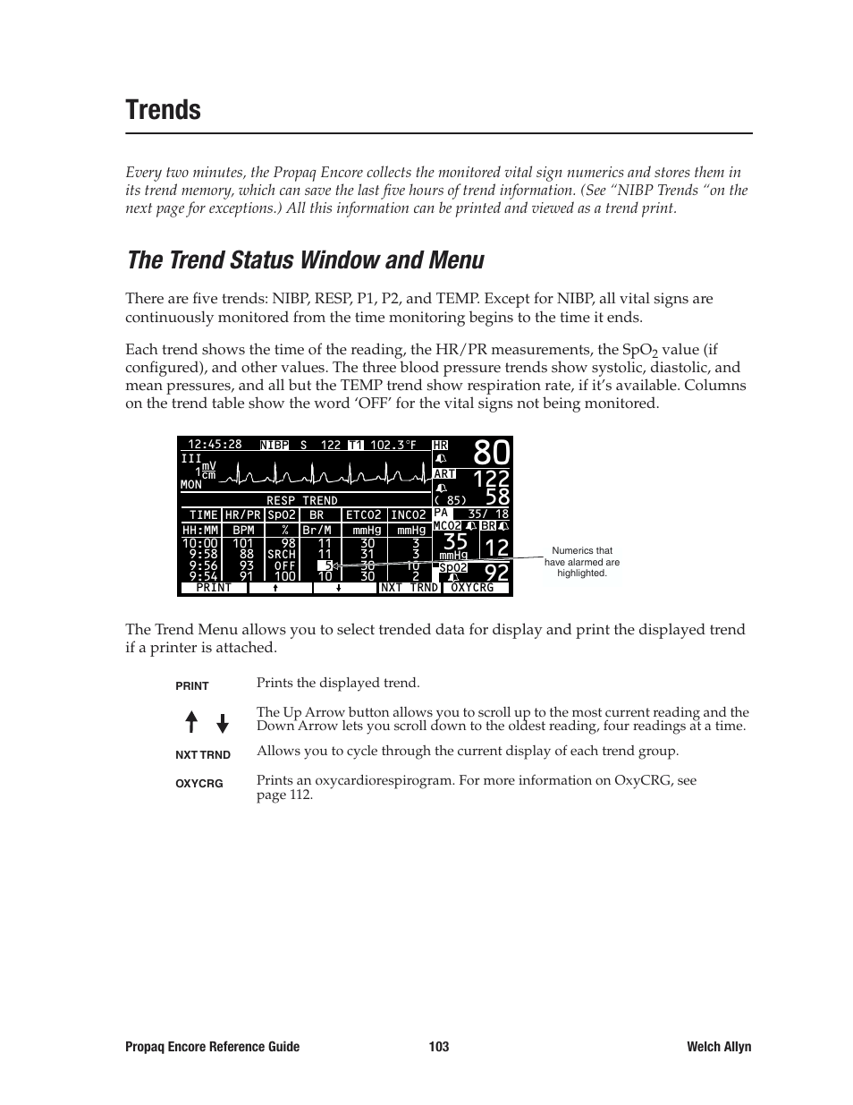 Trends, The trend status window and menu | Welch Allyn 20хEL Propaq Encore Vital Signs Monitor - Reference Guide User Manual | Page 103 / 178