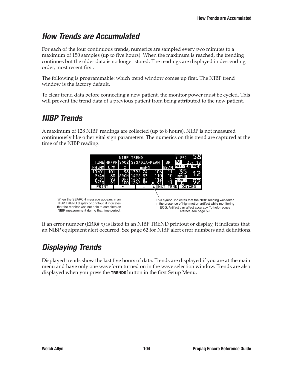 How trends are accumulated, Nibp trends, Displaying trends | Welch Allyn 20хEL Propaq Encore Vital Signs Monitor - Reference Guide User Manual | Page 104 / 178