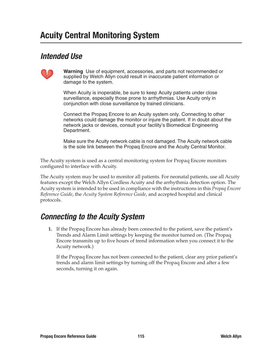 Acuity central monitoring system, Intended use, Connecting to the acuity system | Intended use connecting to the acuity system | Welch Allyn 20хEL Propaq Encore Vital Signs Monitor - Reference Guide User Manual | Page 115 / 178