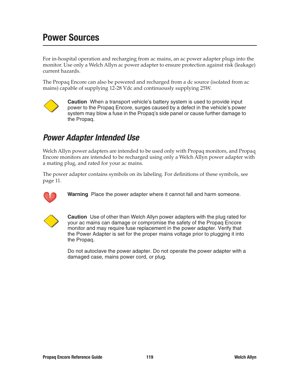 Power sources, Power adapter intended use | Welch Allyn 20хEL Propaq Encore Vital Signs Monitor - Reference Guide User Manual | Page 119 / 178