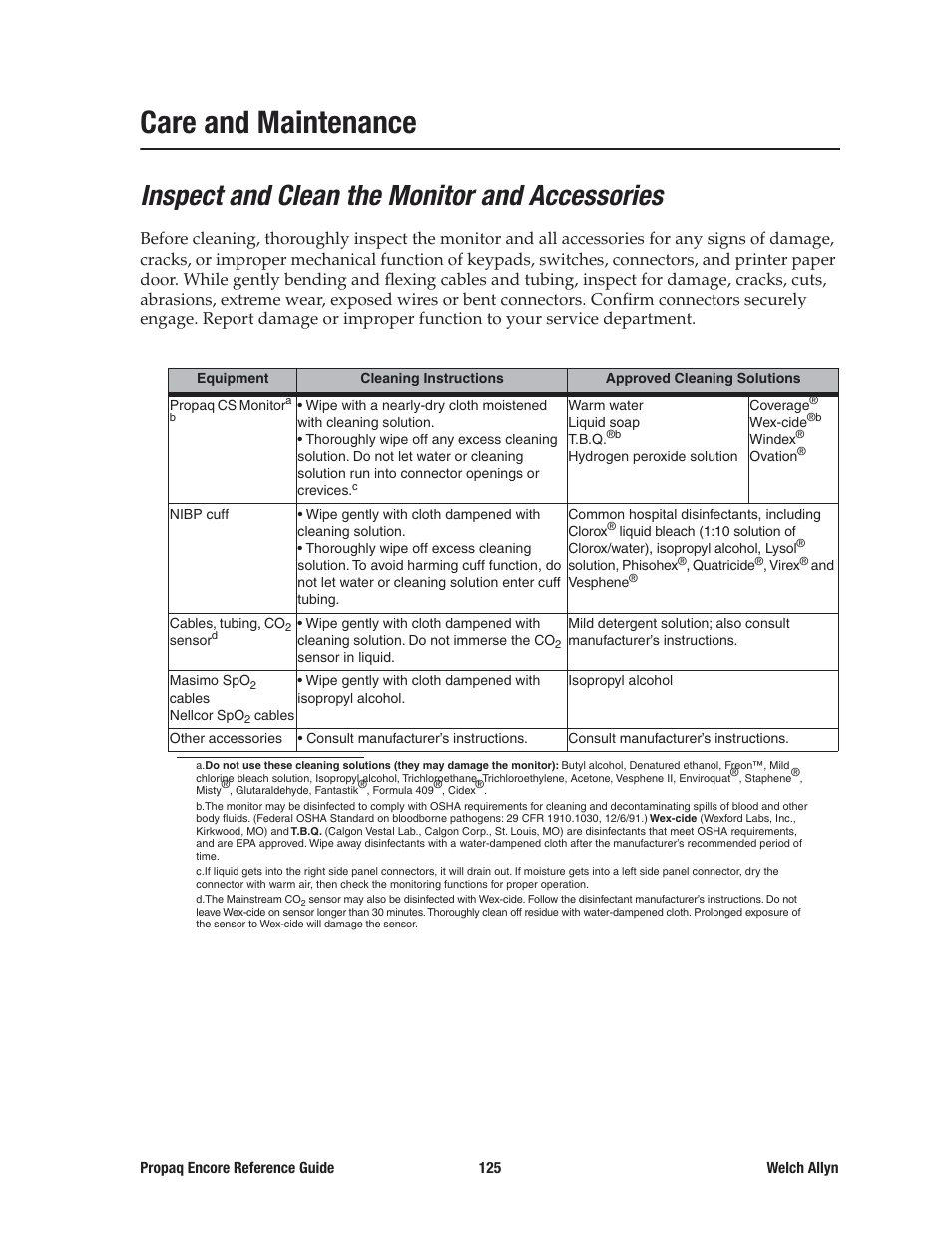 Care and maintenance, Inspect and clean the monitor and accessories | Welch Allyn 20хEL Propaq Encore Vital Signs Monitor - Reference Guide User Manual | Page 125 / 178