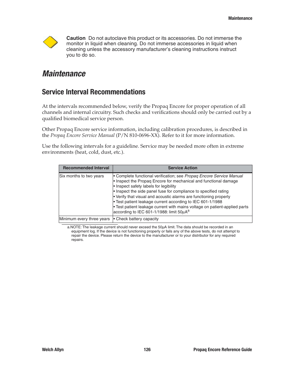 Maintenance, Service interval recommendations | Welch Allyn 20хEL Propaq Encore Vital Signs Monitor - Reference Guide User Manual | Page 126 / 178