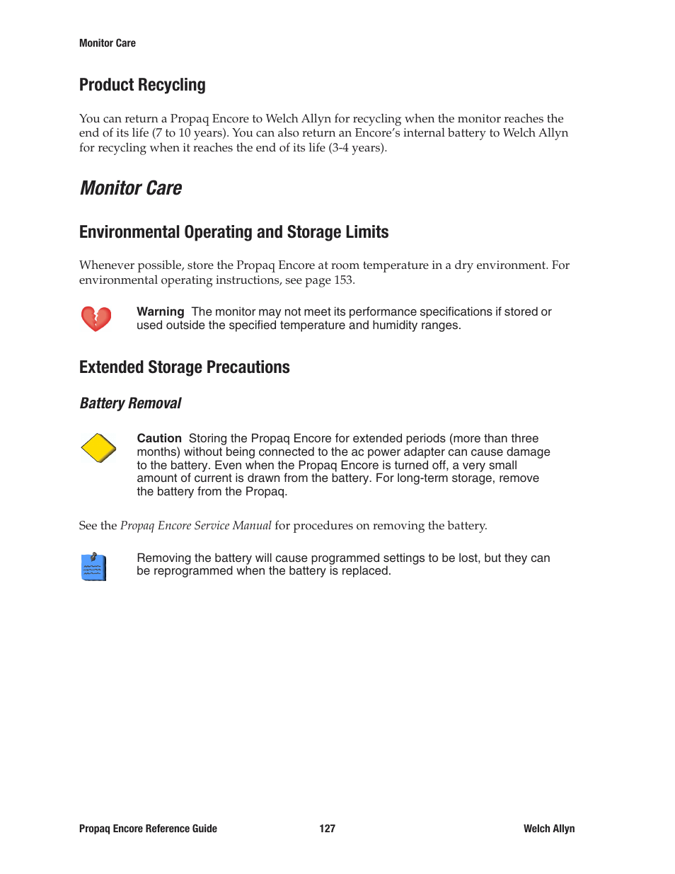 Product recycling, Monitor care, Environmental operating and storage limits | Extended storage precautions, Battery removal | Welch Allyn 20хEL Propaq Encore Vital Signs Monitor - Reference Guide User Manual | Page 127 / 178